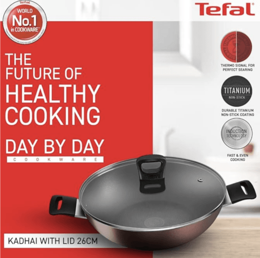 Tefal Day by Day Non Stick Kadai, Smart Thermo Signal Temperature Indicator Technology, Titanium Coating, Black, DDKA-26 - Image 3